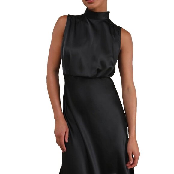 Lulus Maxi Long Dress Large Black Satin Mock Neck A Line Sleeveless NEW - Picture 7 of 12